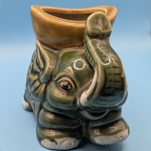 Vintage Green Ceramic Elephant Trunk Up Bamboo Planter Glazed Good Luck Decor
